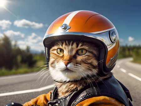 Close-up portrait of a beautiful cat in a motorcycle helmet on the roadの素材