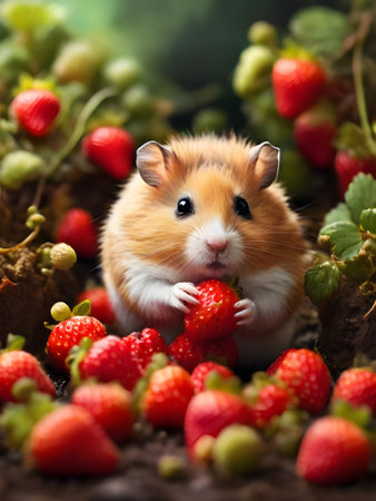 Hamster with strawberries on a wooden background, close-up.の素材