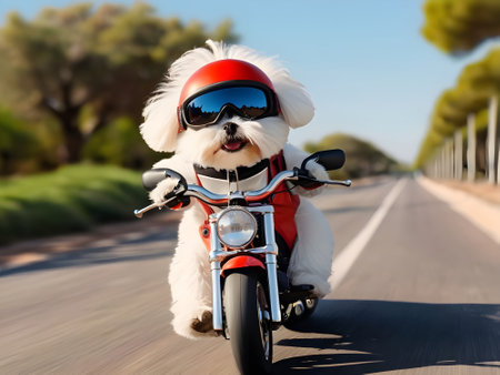 Bichon Frize dog riding a motorcycle on the road.の素材