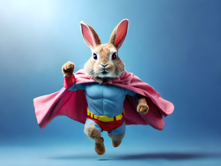 Funny rabbit dressed like superhero with cape jumping on blue background.の素材