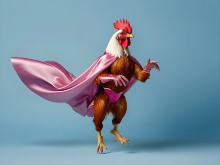 3d rendering of a rooster wearing a superhero costume on blue backgroundの素材