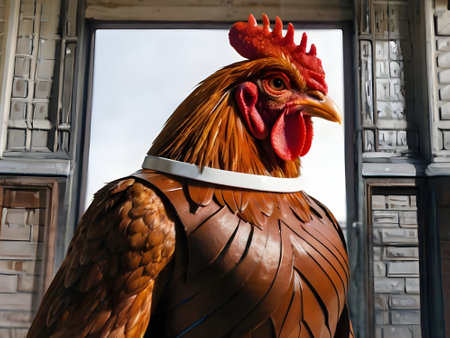 Rooster in the window of the house. A symbol of the year 2017.の素材