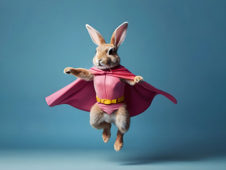 Cute funny bunny in superhero costume jumping on color background. Space for textの素材