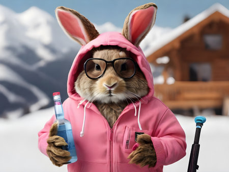Cute little rabbit wearing ski suit and sunglasses. Winter vacation concept.の素材