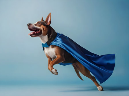 Superhero dog in blue cloak jumping. Studio shot on blue background.の素材