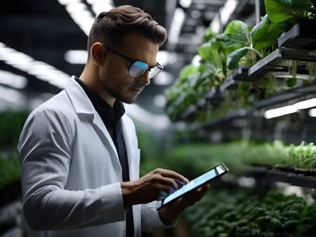 Biotechnology. Confident young male scientist using digital tablet while standing in greenhouseの素材
