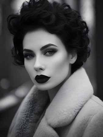 Portrait of a beautiful young woman with makeup in a fur coat.の素材