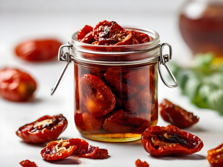 Dried tomatoes in a glass jar on a white wooden table.の素材