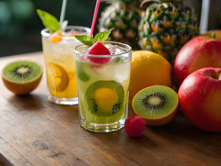 Fruit cocktails with kiwi, apple and pineapple on wooden tableの素材
