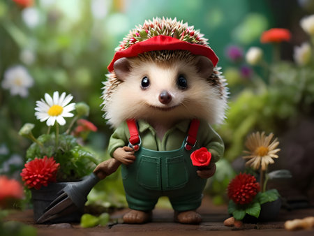 Cute little hedgehog with watering can and flowers in the gardenの素材