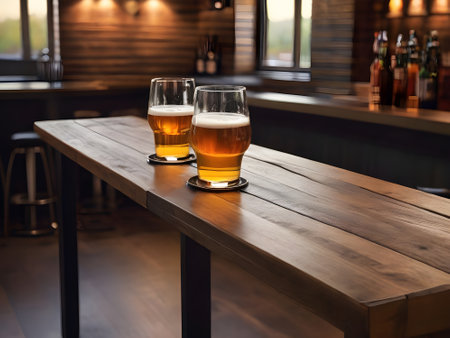 Two glasses of beer on a wooden table in a pub or barの素材