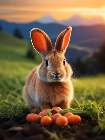 Rabbit and carrot on meadow at sunset. Easter holiday conceptの素材