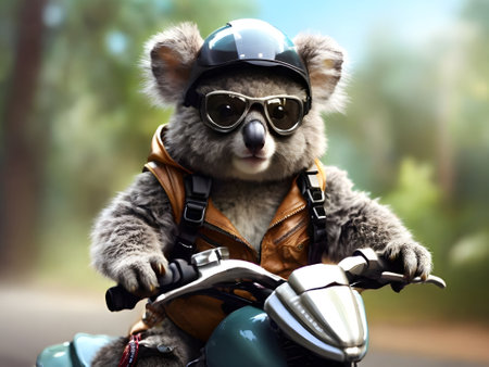 Cute koala wearing a motorcycle helmet and leather jacket on the road.の素材