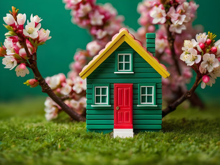 Miniature house on green grass with blooming sakura flowers.の素材