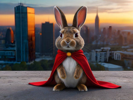Rabbit wearing a red cape and a red cape on a city backgroundの素材