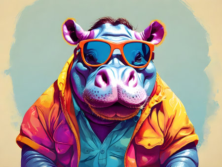 Portrait of a hippo in a raincoat and sunglasses.の素材