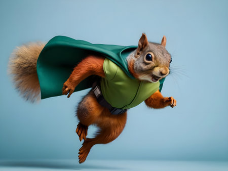 Funny squirrel dressed in a green superhero costume jumping on blue backgroundの素材