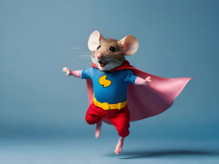 Funny little mouse in superhero costume jumping on blue background with copy spaceの素材