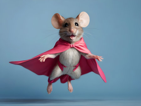 Cute little mouse dressed like a superhero with a red cloak on blue backgroundの素材