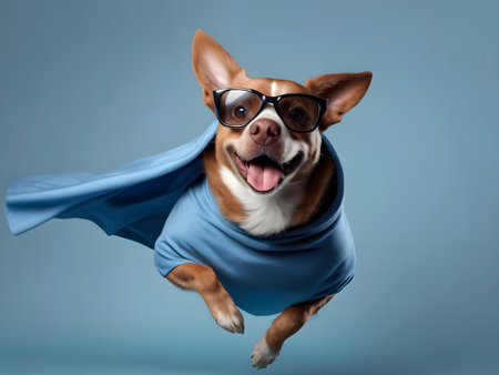 Funny dog in sunglasses and a blue cloak flying on blue backgroundの素材