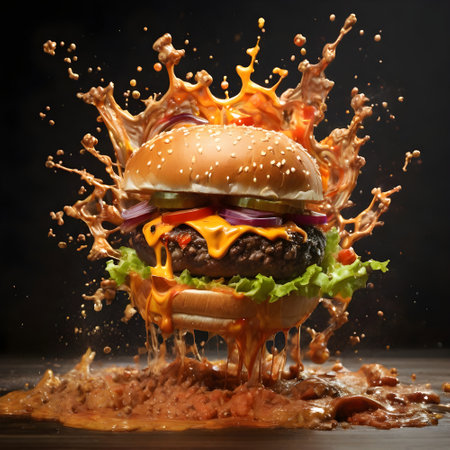 Burger with splashes and drops of juice on a black backgroundの素材