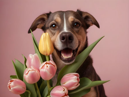 Portrait of a dog with tulips on a pink background.の素材