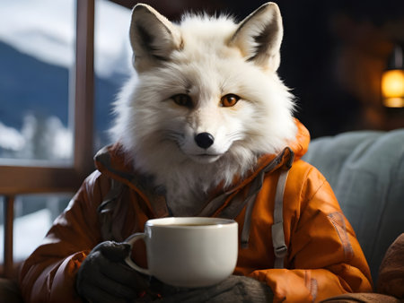 Portrait of a cute fox with a cup of coffee in his handsの素材