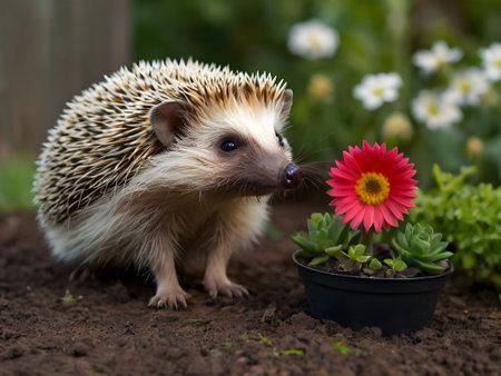 hedgehog with a red flower in a pot on the groundの素材