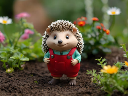 Cute little hedgehog toy in the garden with flower background.の素材