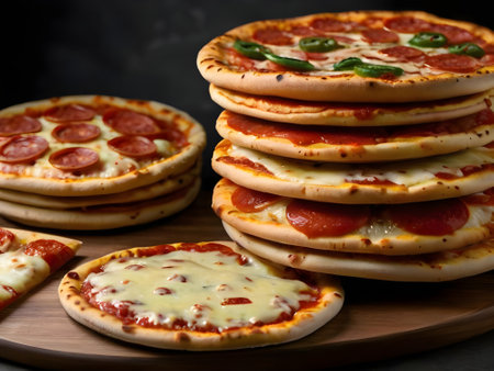 Slices of pizza with salami and mozzarella on wooden boardの素材