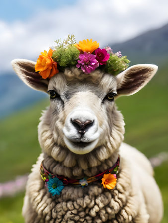 Sheep with a wreath of flowers on her head in the mountainsの素材