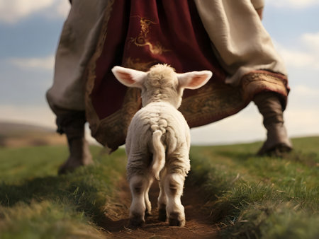 Lamb in the hands of a man in a medieval dress.の素材