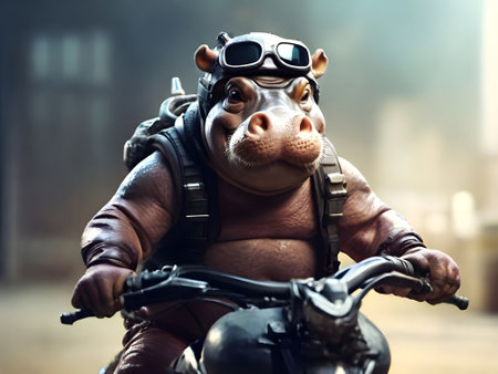 Hippopotamus as a pilot with helmet and goggles sitting on a motorcycleの素材