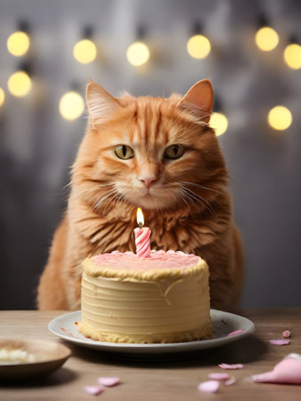 Cute ginger cat with birthday cake on table against blurred lights backgroundの素材