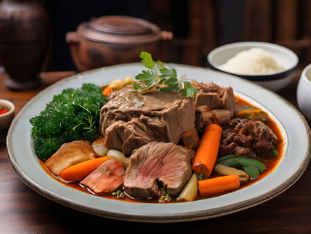 Beef stewed with vegetables and herbs in a bowl on a wooden tableの素材