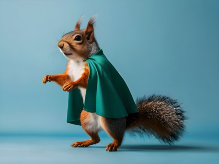 Cute squirrel dressed in a green jacket posing on blue studio backgroundの素材