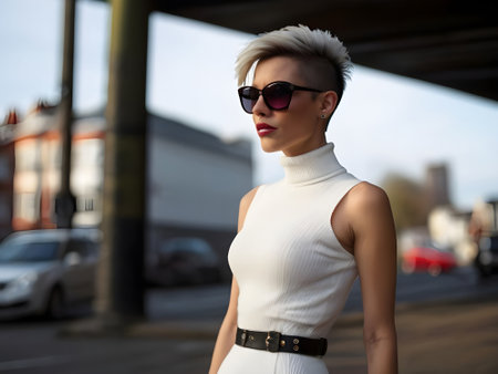 Fashionable young woman in white dress and sunglasses on the street.の素材