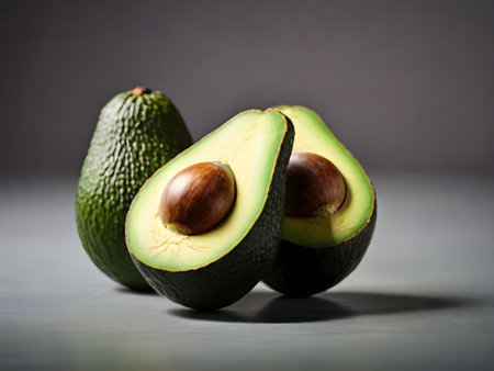 Avocado on grey background. Shallow depth of field. Selective focus.の素材