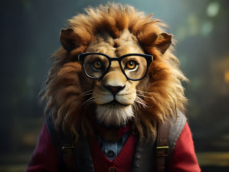 Portrait of a funny lion wearing eyeglasses and red jacket.の素材