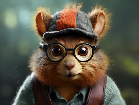 Portrait of a squirrel wearing glasses and a hat with a backpackの素材