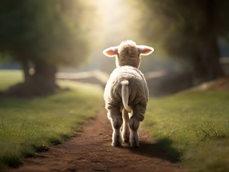Cute little lamb standing on a dirt road in the countryside.の素材