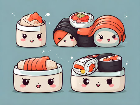 Cute kawaii sushi rolls set. Vector cartoon illustration.の素材