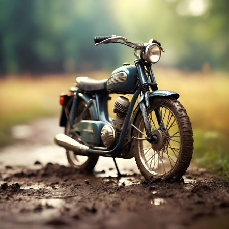 Vintage motorcycle on dirt road in the forest. Selective focusの素材