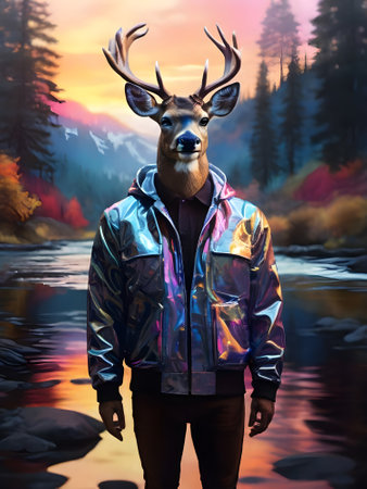 Man with deer antlers in the forest. 3D illustration.の素材