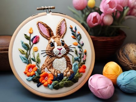 Handmade embroidery Easter bunny on a background of spring flowersの素材