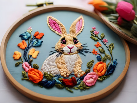 Handmade embroidery with a rabbit on a blue plate.の素材