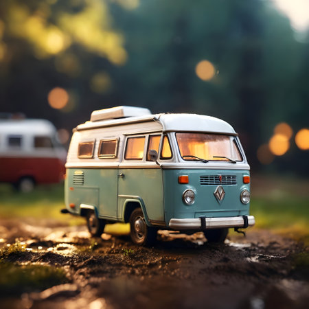 Miniature retro campervan on the road at sunset. Travel concept.の素材
