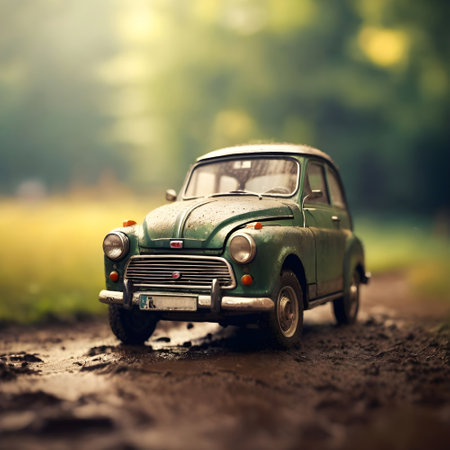 Vintage toy car in the mud on a background of green forestの素材