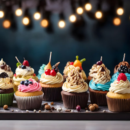 Colorful cupcakes with cream and berries on a dark background.の素材