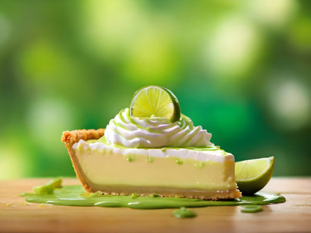 Lime cheesecake on a wooden table with a blurred background.の素材